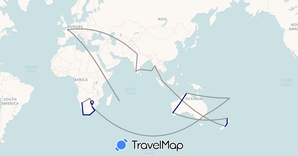 TravelMap itinerary: driving, plane in Australia, Fiji, France, India, Myanmar (Burma), Mauritius, Namibia, New Zealand, Singapore, South Africa, Zimbabwe (Africa, Asia, Europe, Oceania)
